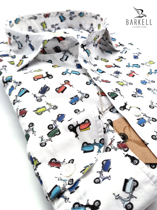Camicia in Cotone Fantasia Lambretta Multicolore Fondo Bianco Collo Francese Piccolo
