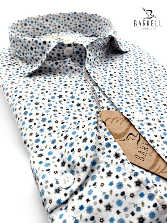 Camicia in Cotone Fantasia Fiorellini Multicolore Fondo Bianco Collo Francese Piccolo