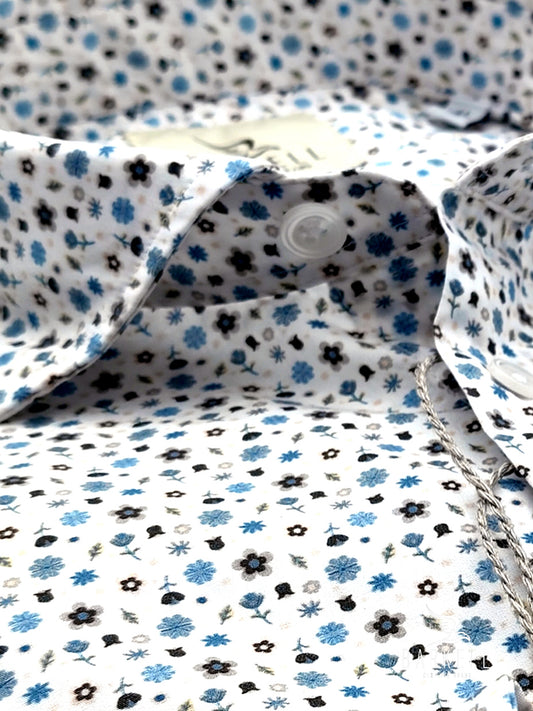 Camicia in Cotone Fantasia Fiorellini Multicolore Fondo Bianco Collo Francese Piccolo