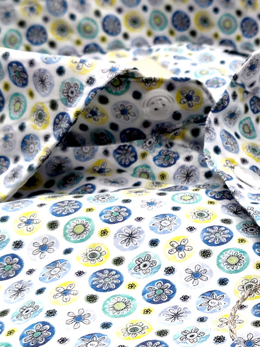 Camicia in Cotone Fantasia Maioliche Multicolore Fondo Bianco Collo Francese Piccolo