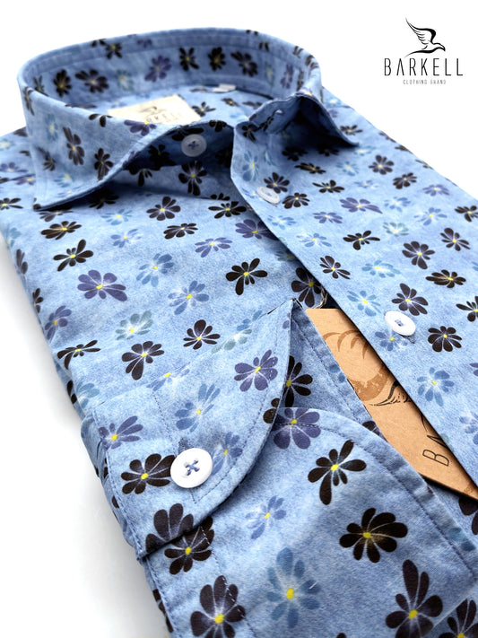 Camicia in Cotone Fantasia Floreale Multicolore Fondo Azzurro Collo Francese Piccolo