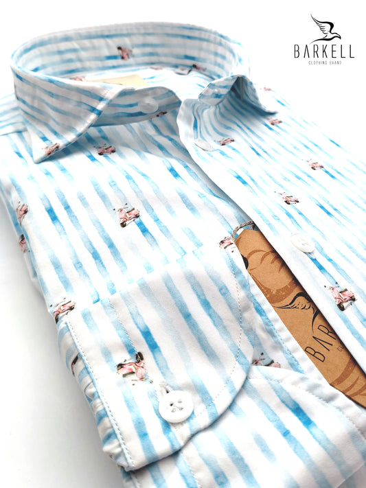 Camicia in Cotone Fantasia Riga Azzurra e Vespa Rosa Fondo Bianco Collo Francese Piccolo