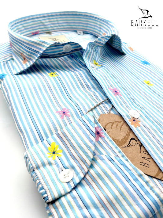 Camicia in Cotone Fantasia Riga Turchese e Fiori Multicolore Fondo Bianco Collo Francese Piccolo