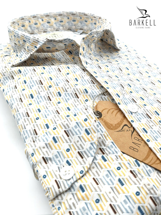 Camicia in Cotone Fantasia Geometrica Multicolore Fondo Bianco Collo Francese Piccolo