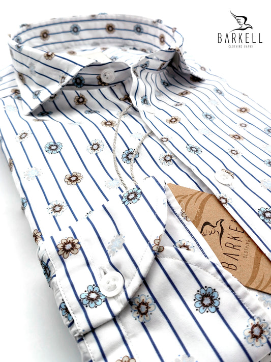 Camicia in Cotone Fantasia Riga Blu e Fiori Multicolore Fondo Bianco Collo Francese Piccolo