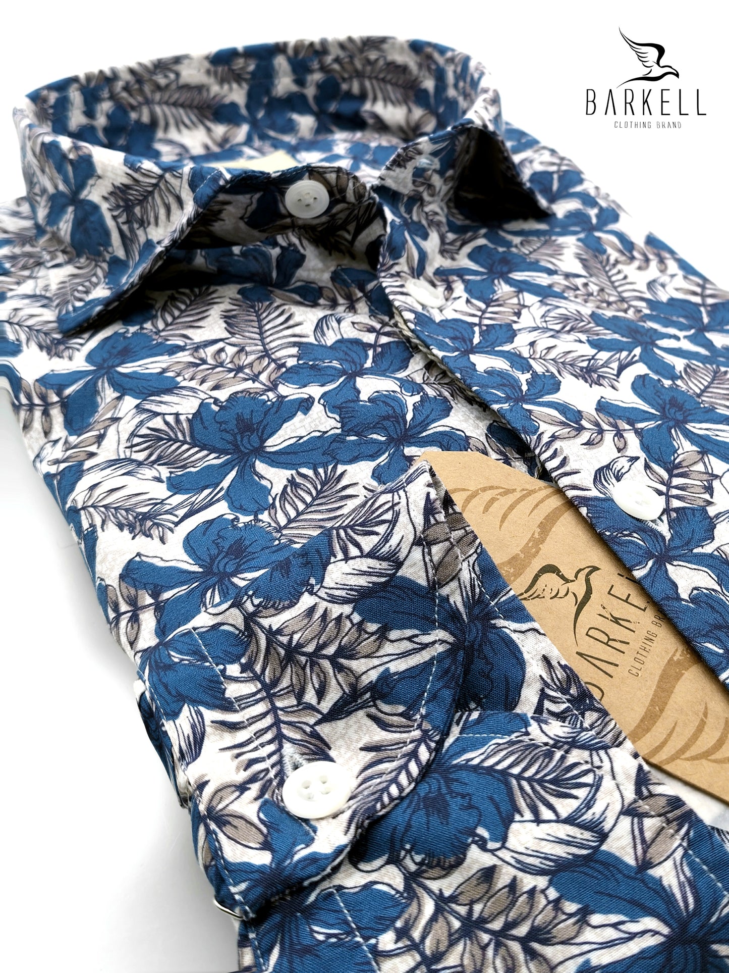 Camicia in Cotone Fantasia Ibisco Azzurro e Grigio Fondo Bianco Collo Francese Piccolo