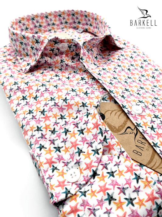 Camicia in Cotone Fantasia Stelle Multicolore Fondo Bianco Collo Francese Piccolo