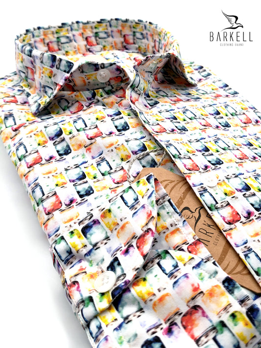 Camicia in Cotone Fantasia Barattoli Multicolore Fondo Bianco Collo Francese Piccolo