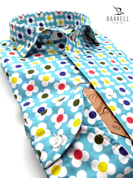 Camicia in Cotone Fantasia Fiore Stilizzato Multicolore Fondo Turchese Collo Francese Piccolo