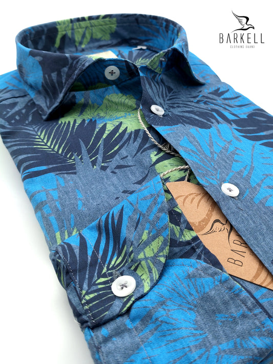 Camicia in Cotone Fantasia Palme Tropicali Fondo Multicolore Collo Francese Piccolo
