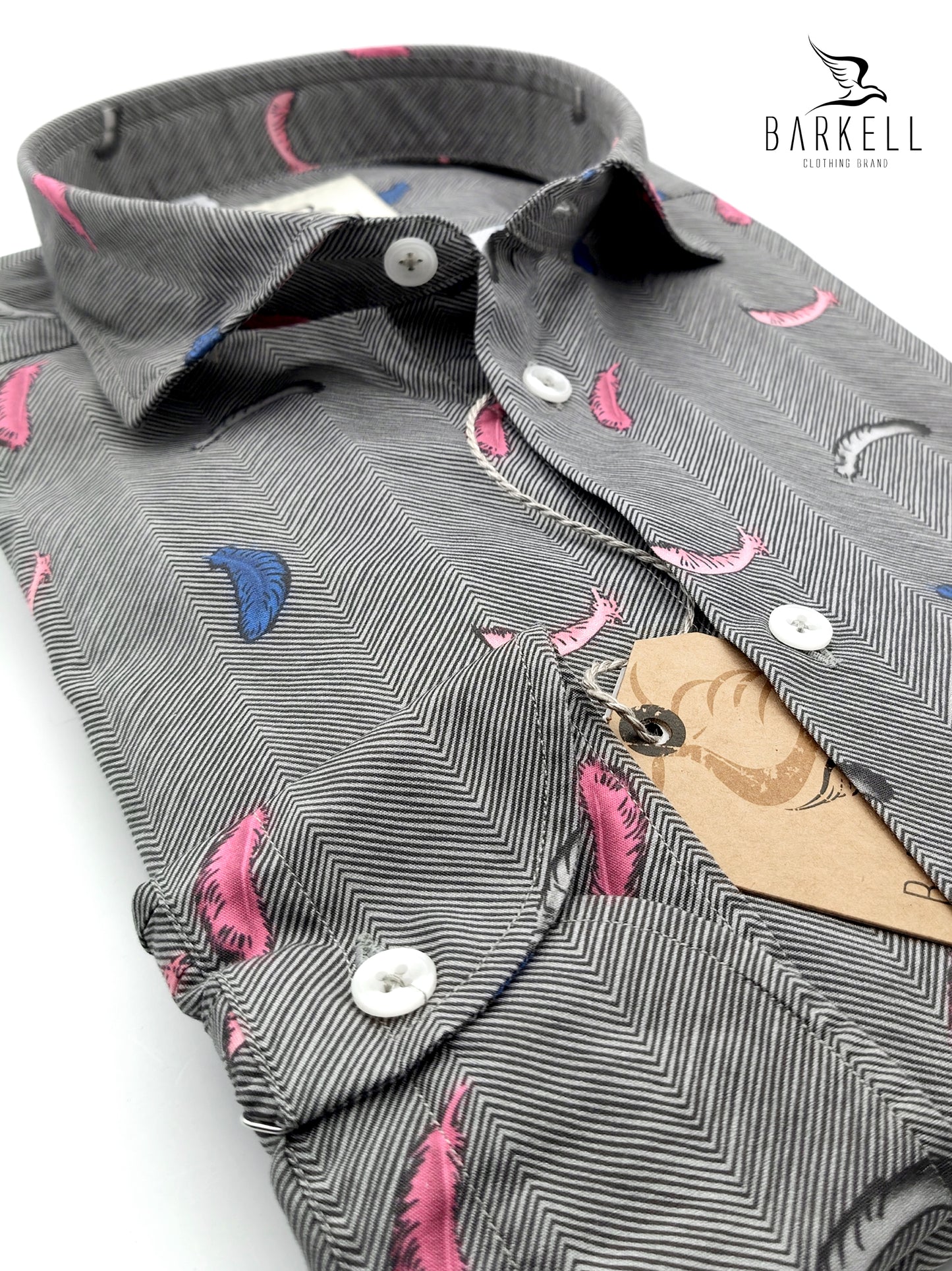 Fuchsia and light blue feather patterned cotton shirt with gray background. Small spread collar