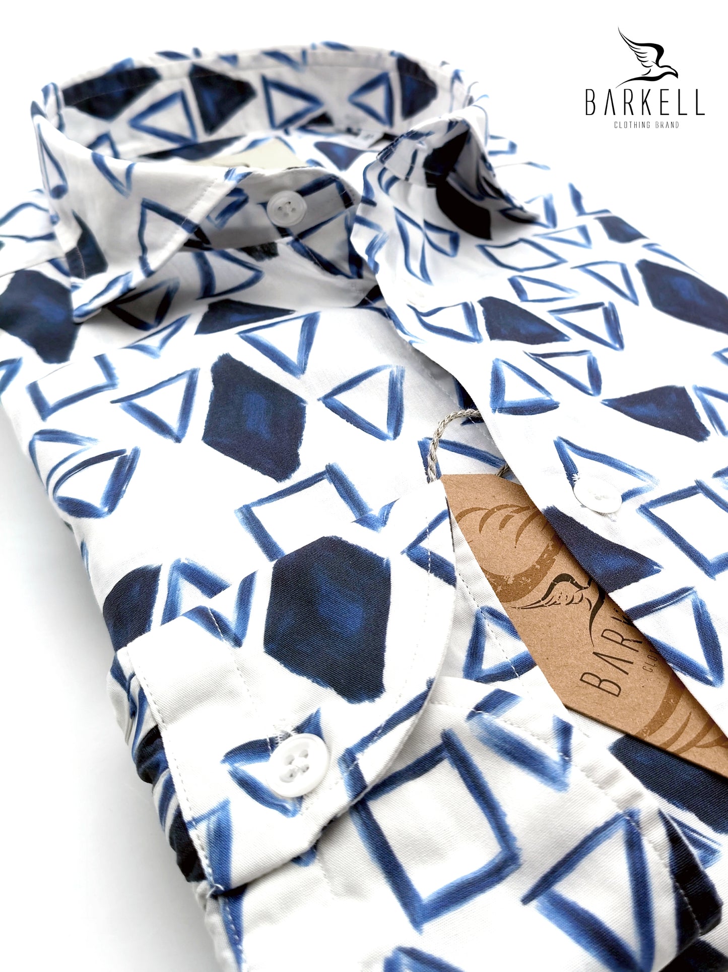 Cotton Shirt with Blue Triangle Pattern on White Background with Small Spread Collar