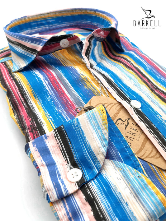 Camicia in Cotone Fantasia Pennellate Fondo Multicolor Collo Francese Piccolo