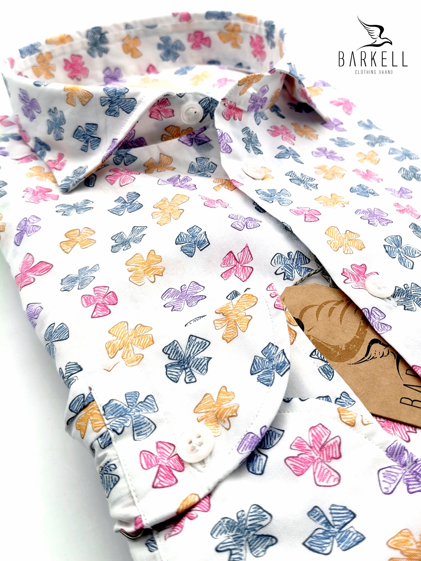 Camicia in Cotone Fantasia Fiore Multicolore Fondo Bianco Collo Francese Piccolo