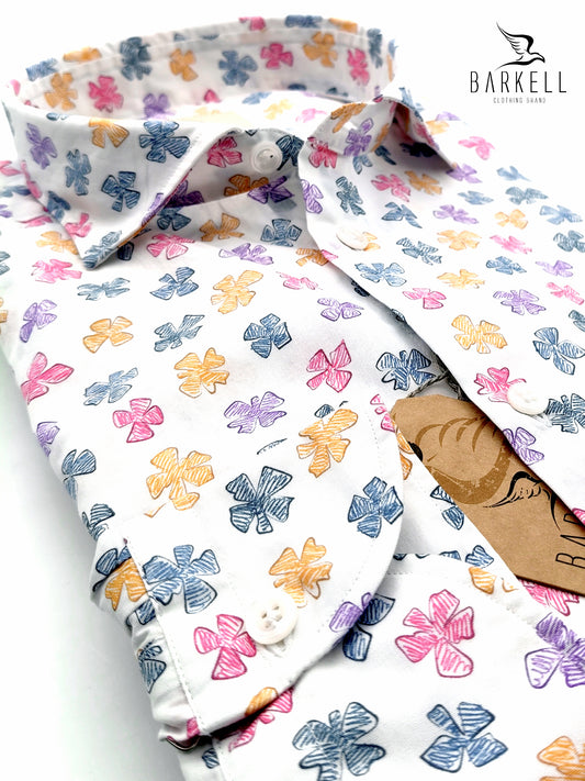 Camicia in Cotone Fantasia Fiore Multicolore Fondo Bianco Collo Francese Piccolo