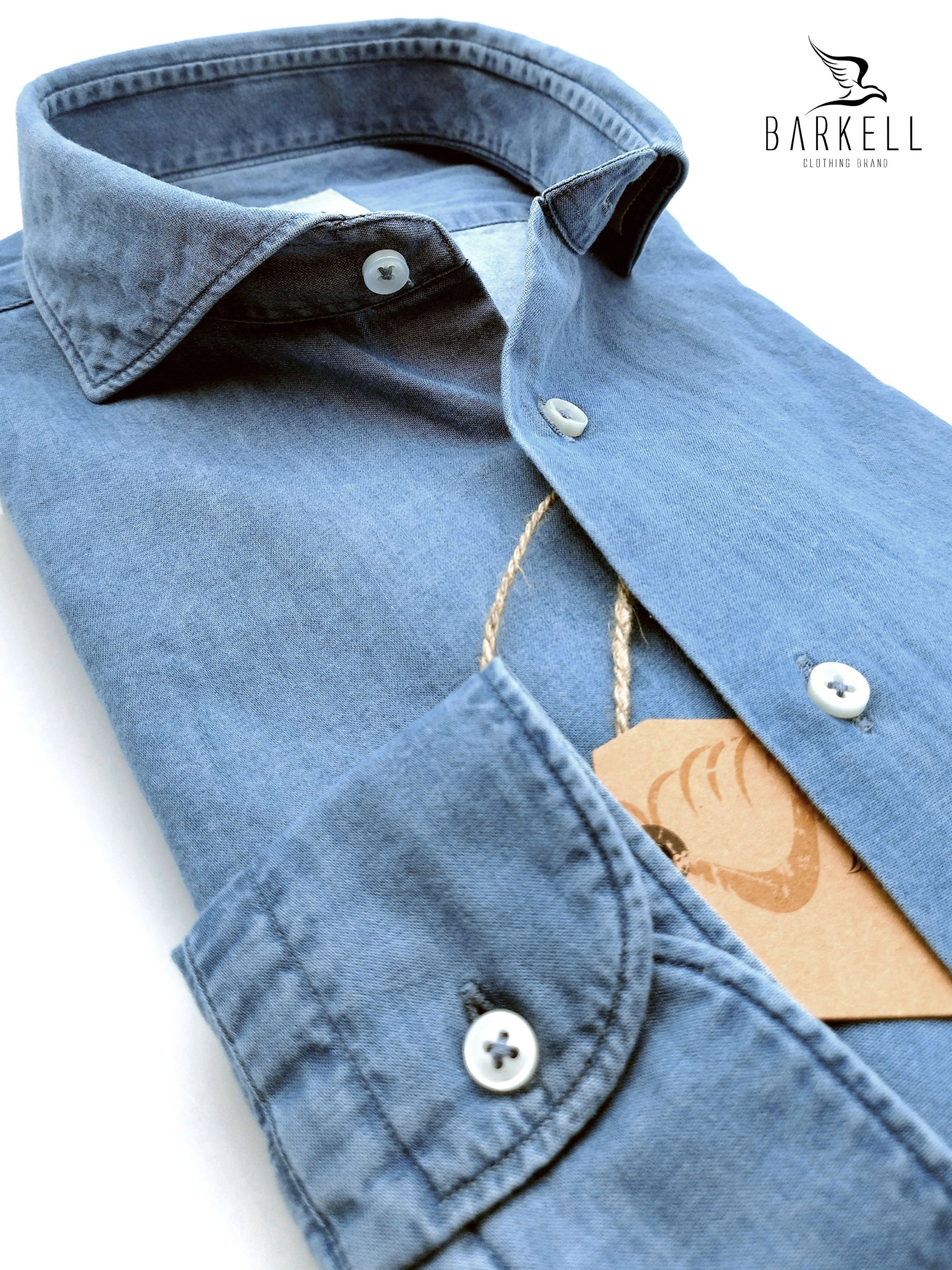 Camicia in Cotone Denim Lavato Color Jeans Chiaro Collo Francese