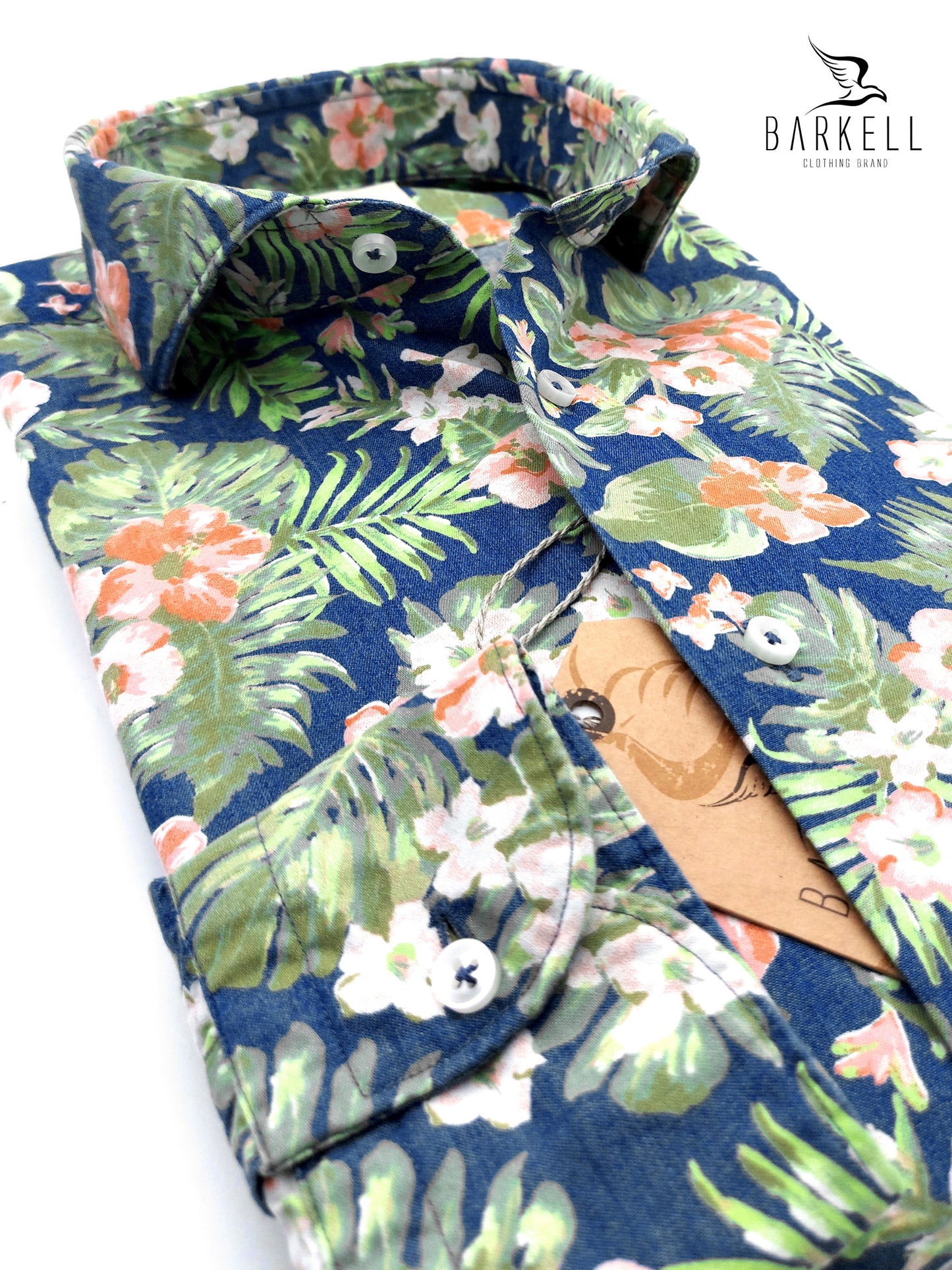 Camicia in Jeans Fantasia Fiori Tropicali Multicolore Fondo Stone Denim Medio Collo Francese Cutaway