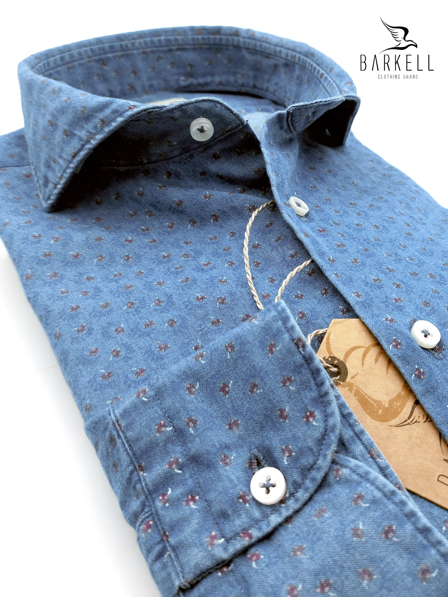 Camicia in Jeans Fantasia Floreale Bordò Fondo Stone Denim Collo Francese Cutaway
