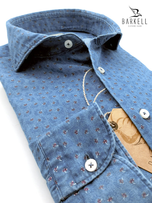Camicia in Jeans Fantasia Floreale Bordò Fondo Stone Denim Collo Francese Cutaway