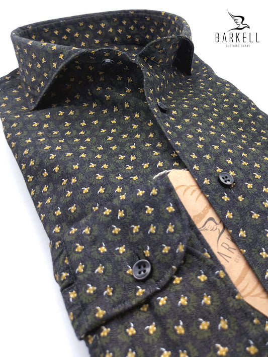 Camicia in Jeans Fantasia Floreale Ocra Fondo Black Denim Collo Francese Cutaway