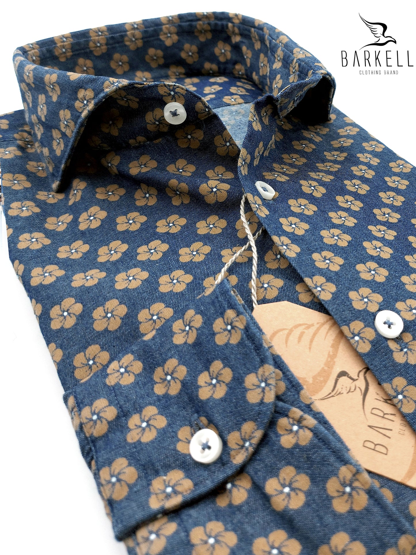 Camicia in Jeans Fantasia Fiore Nocciola Fondo Stone Denim Medio Collo Francese Cutaway