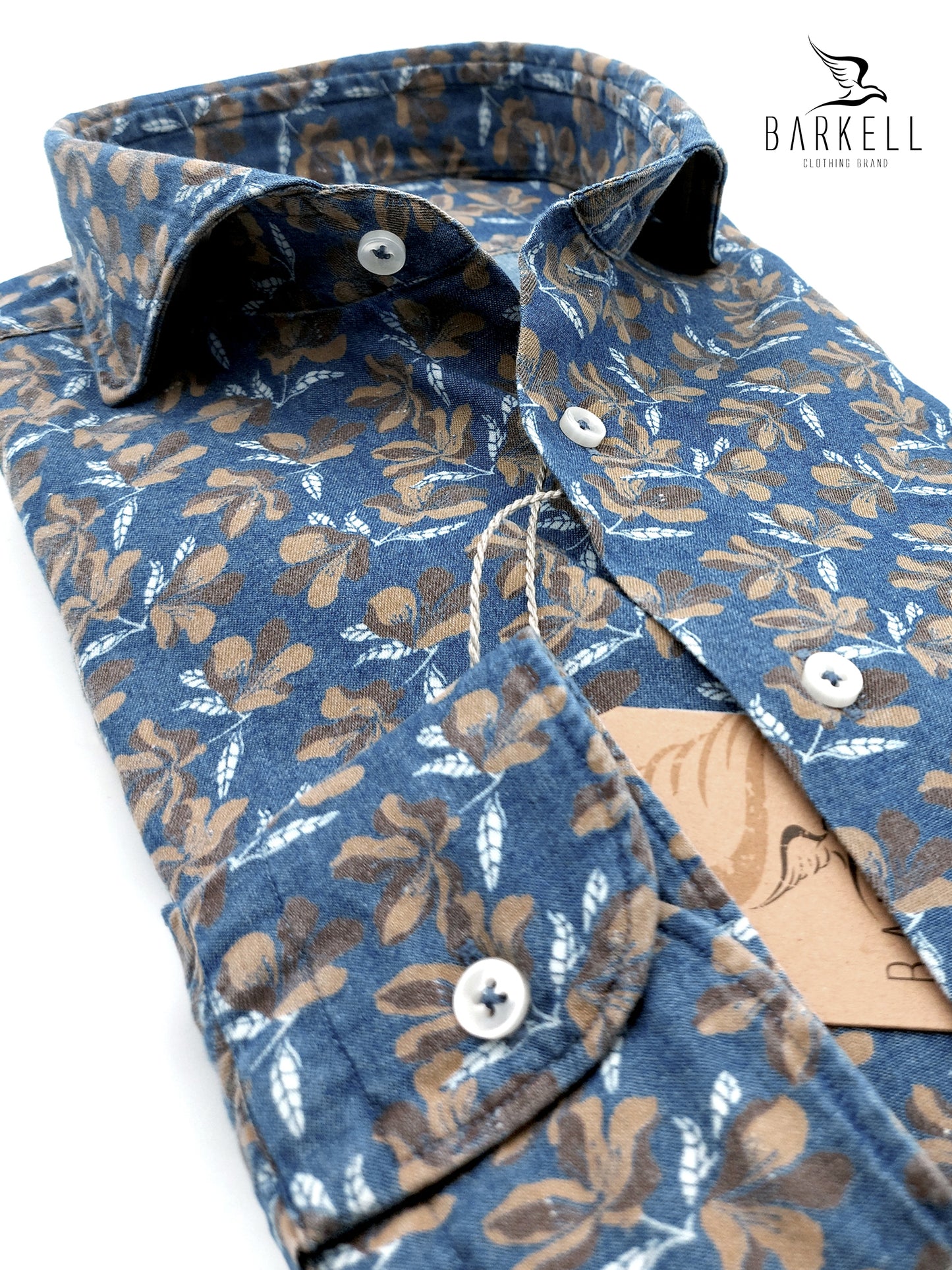 Camicia in Jeans Fantasia Fiorata Coloniale Fondo Stone Denim Chiaro Collo Francese Cutaway