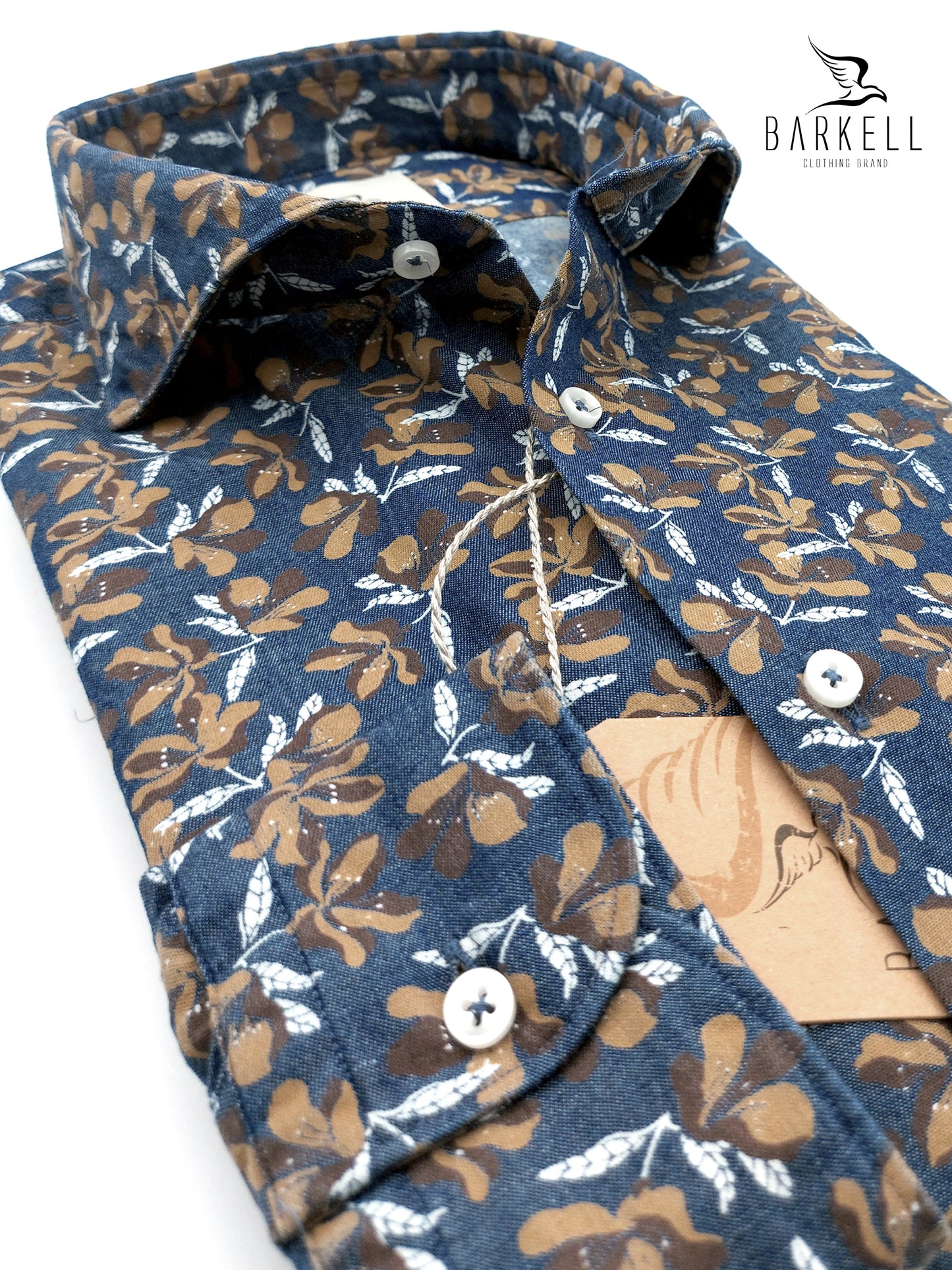 Camicia in Jeans Fantasia Fiorata Coloniale Fondo Stone Denim Medio Collo Francese Cutaway
