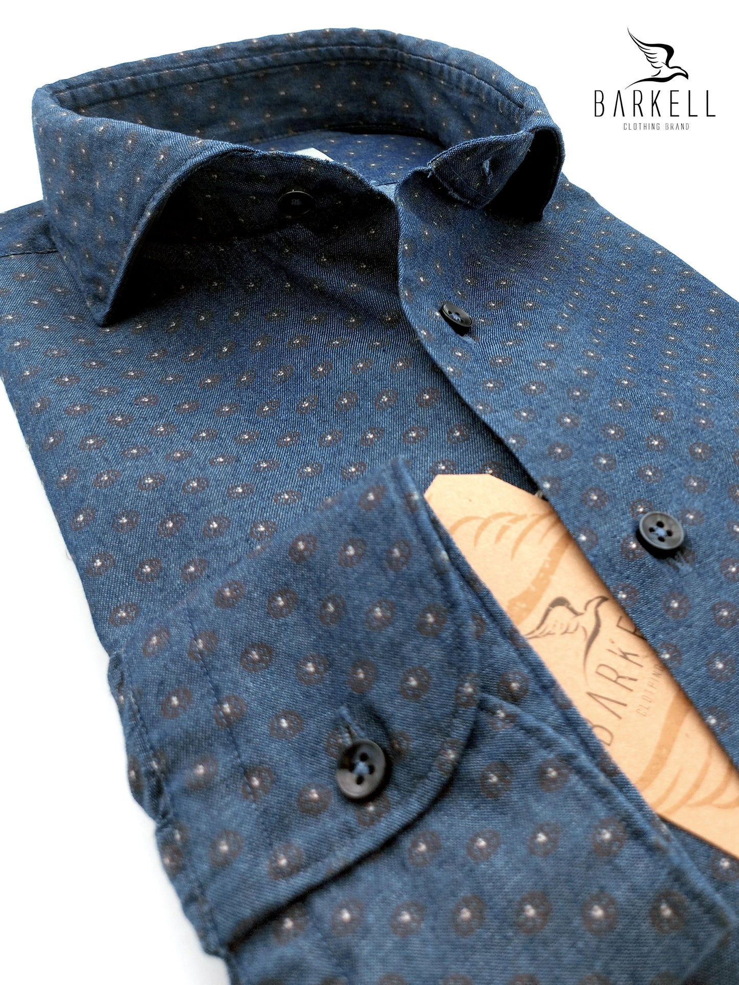 Camicia in Jeans Fantasia Margherite Marroni Fondo Stone Denim Medio Collo Francese Cutaway