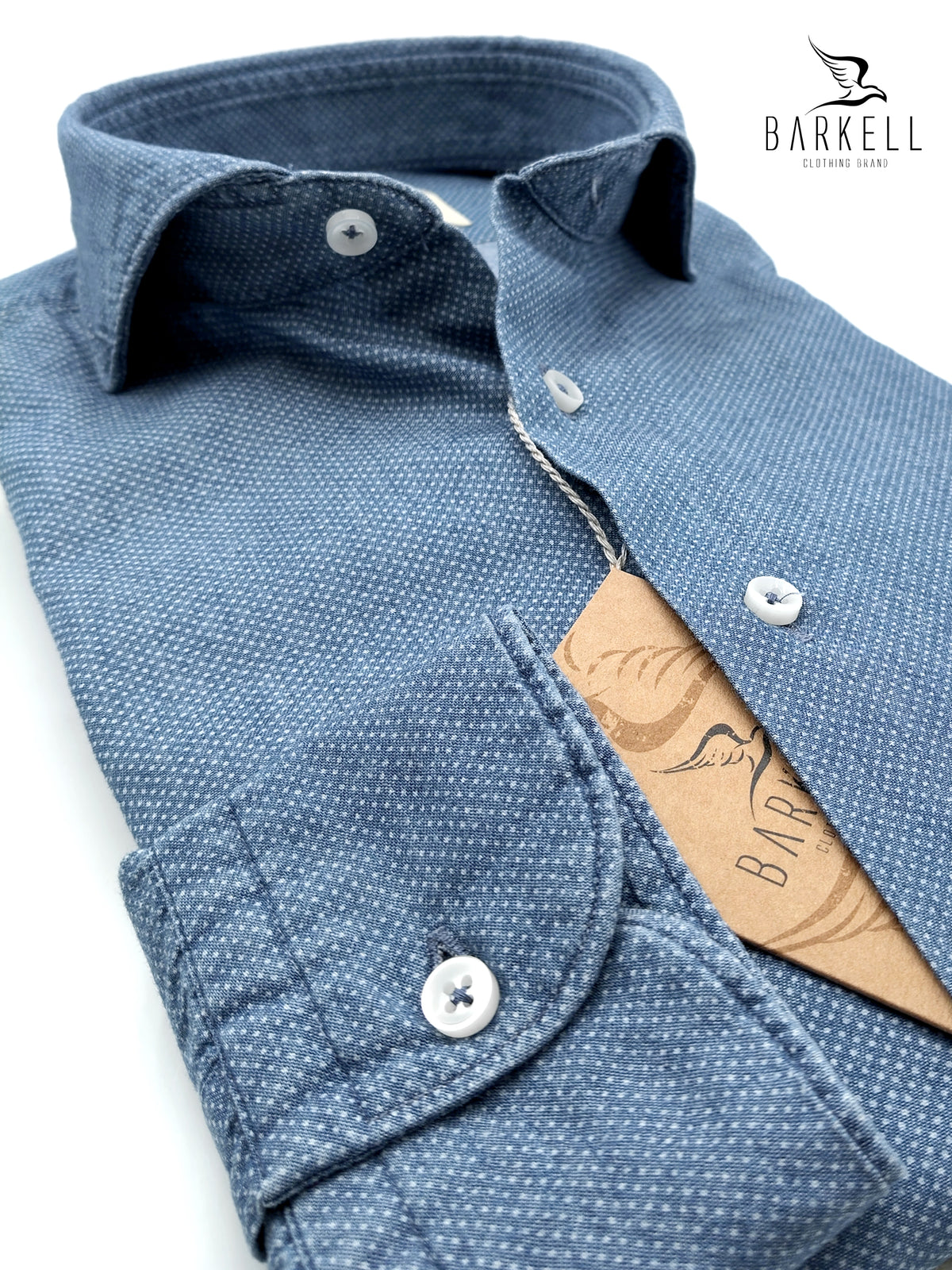 Camicia in Cotone Denim Fantasia Micro Pois Fondo Jeans Azzurro Collo Francese Cutaway