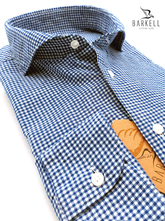 Camicia in Misto Lino Quadrettro Bianco e Blu Collo Francese Cutaway