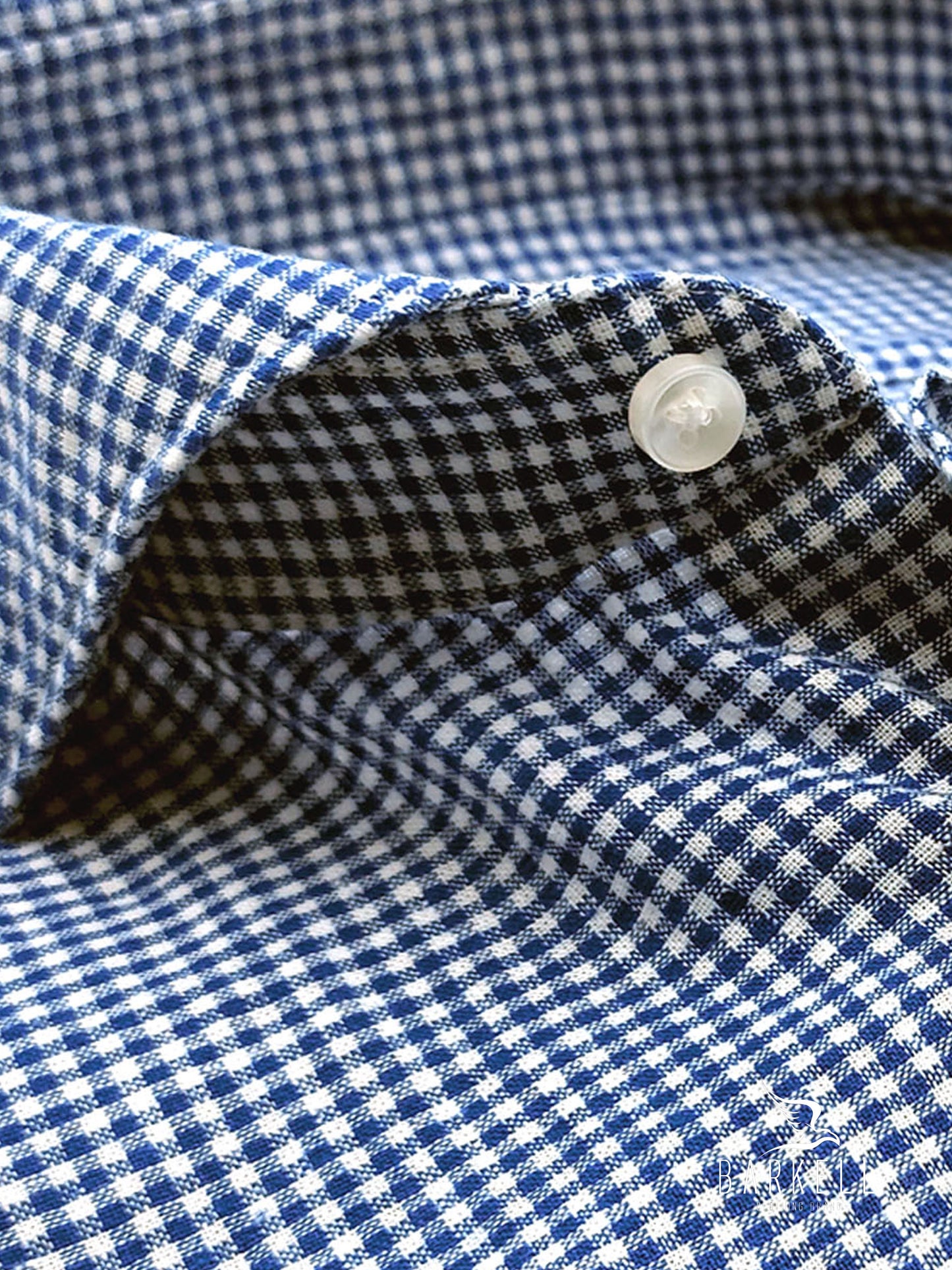 Camicia in Misto Lino Quadretto Bianco e Blu Collo Francese Cutaway