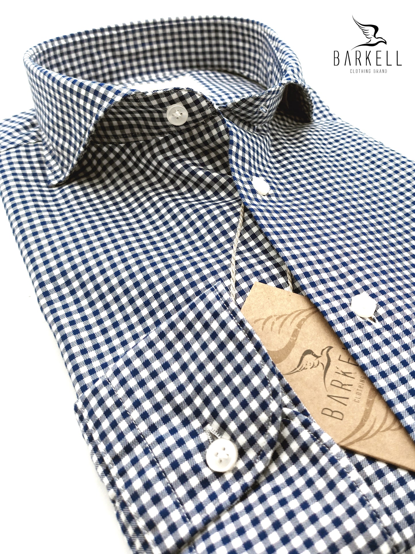 Camicia in Cotone Quadrettino Blu e Bianco Collo Francese Cutaway