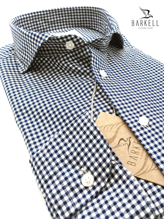Camicia in Cotone Quadrettino Blu e Bianco Collo Francese Cutaway