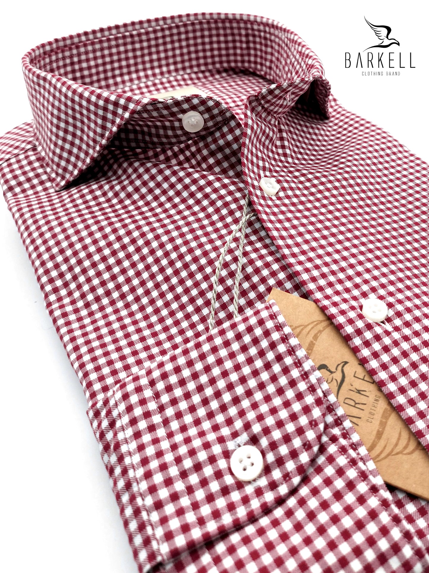 Camicia in Cotone Quadrettino Rosso e Bianco Collo Francese Cutaway