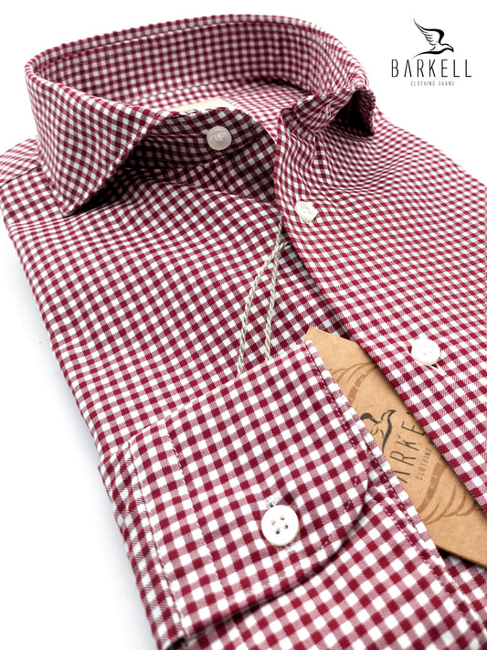 Camicia in Cotone Quadrettino Rosso e Bianco Collo Francese Cutaway