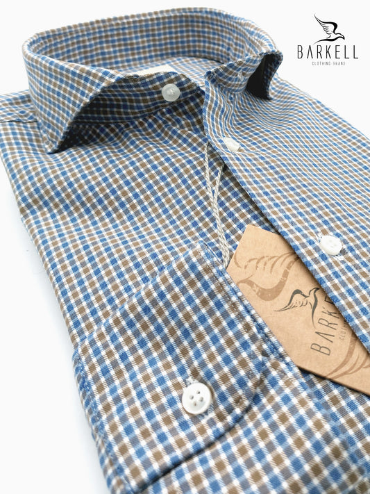 Camicia in Cotone Quadrettino Nocciola e Azzurro Collo Francese Cutaway