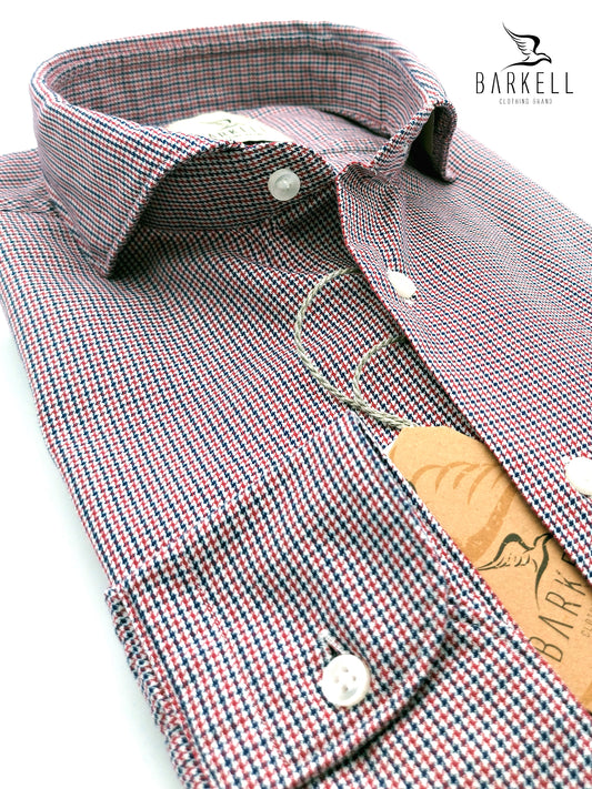 Camicia in Cotone Microfantasia Pied de Poule Rosso e Blu Collo Francese Cutaway