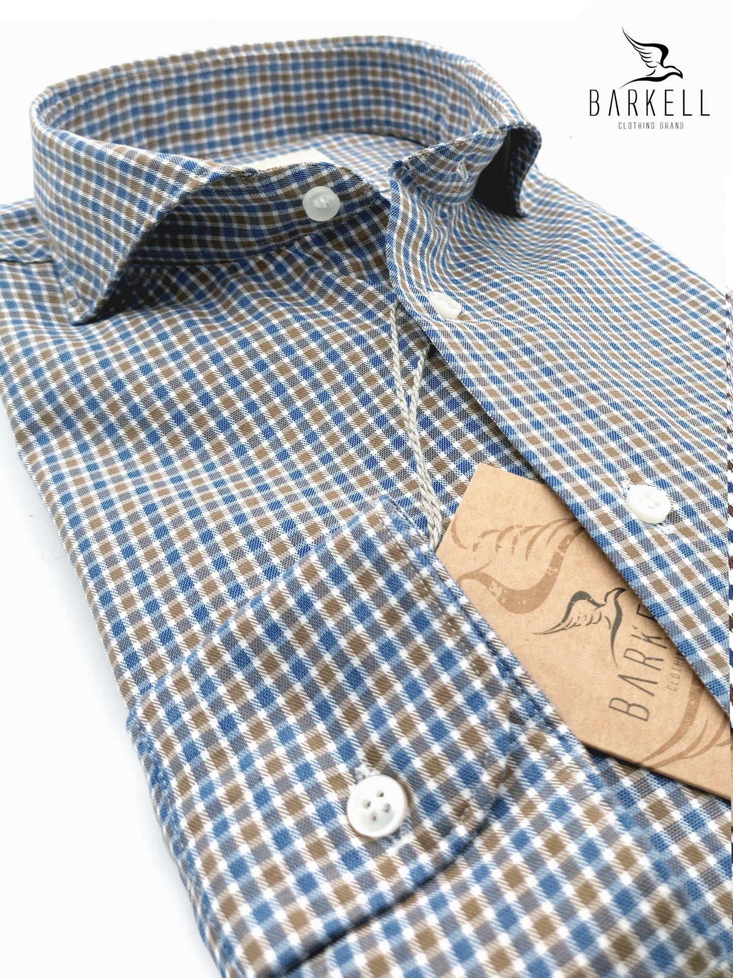 Camisa de algodón a cuadros color avellana y celeste con cuello italiano