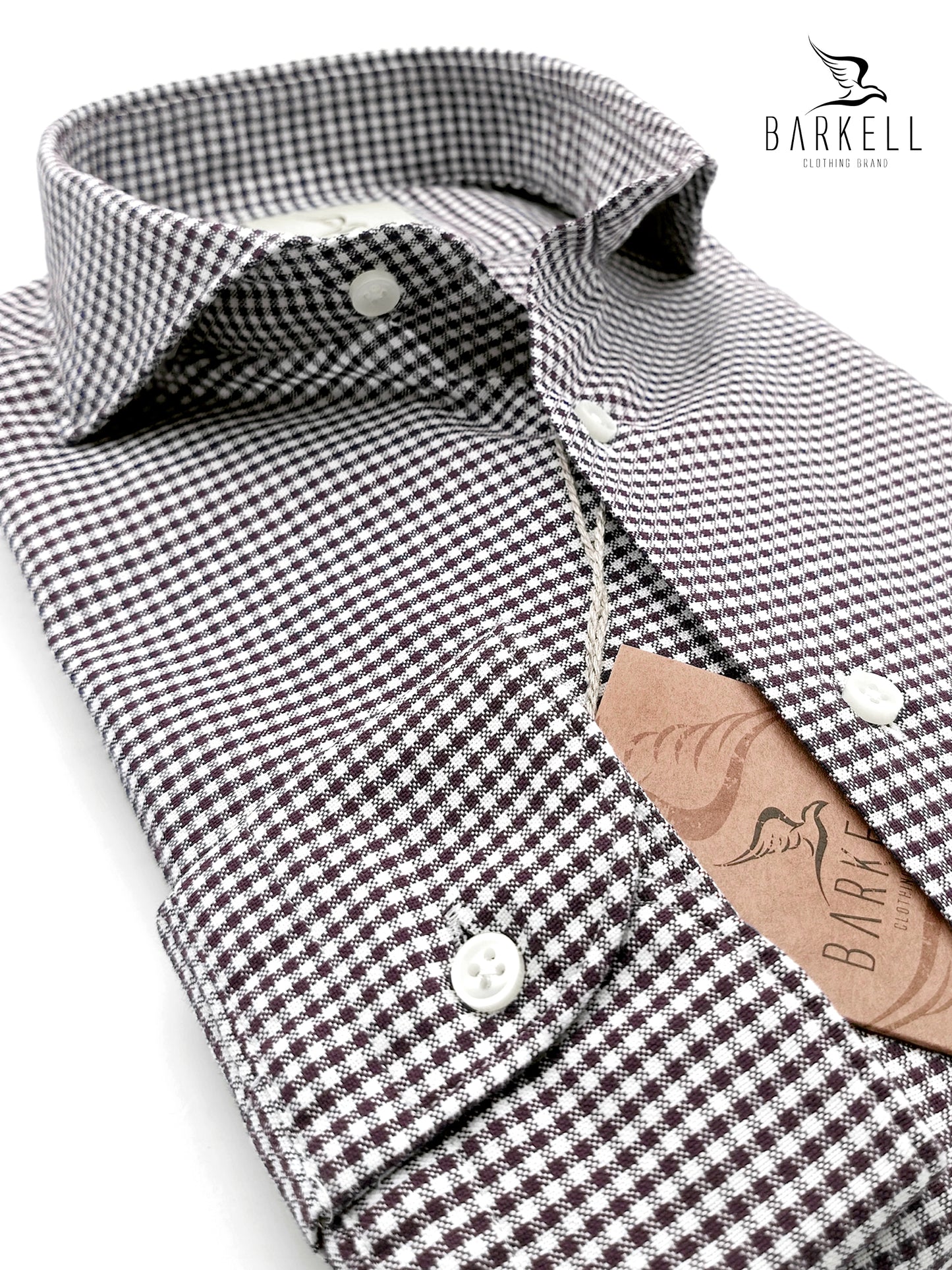Hazelnut and light blue checked cotton shirt with cutaway spread collar