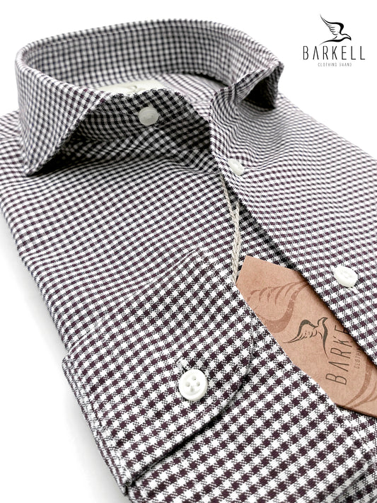 Camicia in Cotone Quadrettino Marrone e Bianco Collo Francese Cutaway