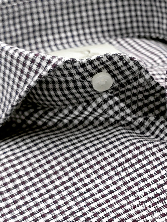 Hazelnut and light blue checked cotton shirt with cutaway spread collar