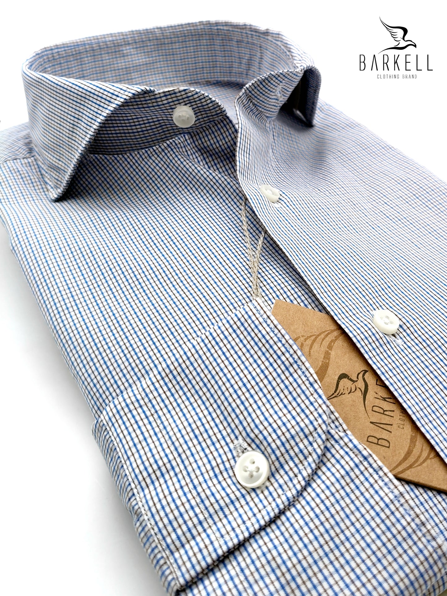 Camicia in Cotone Quadrettino Azzurro e Marrone Collo Francese Cutaway