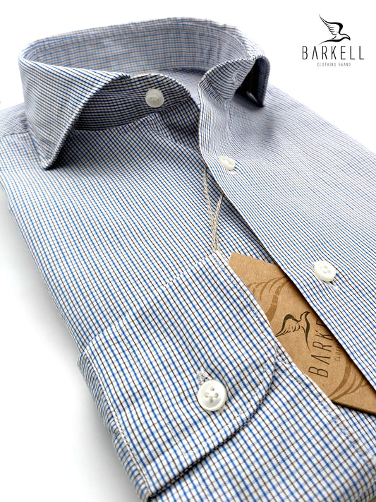 Camicia in Cotone Quadrettino Azzurro e Marrone Collo Francese Cutaway