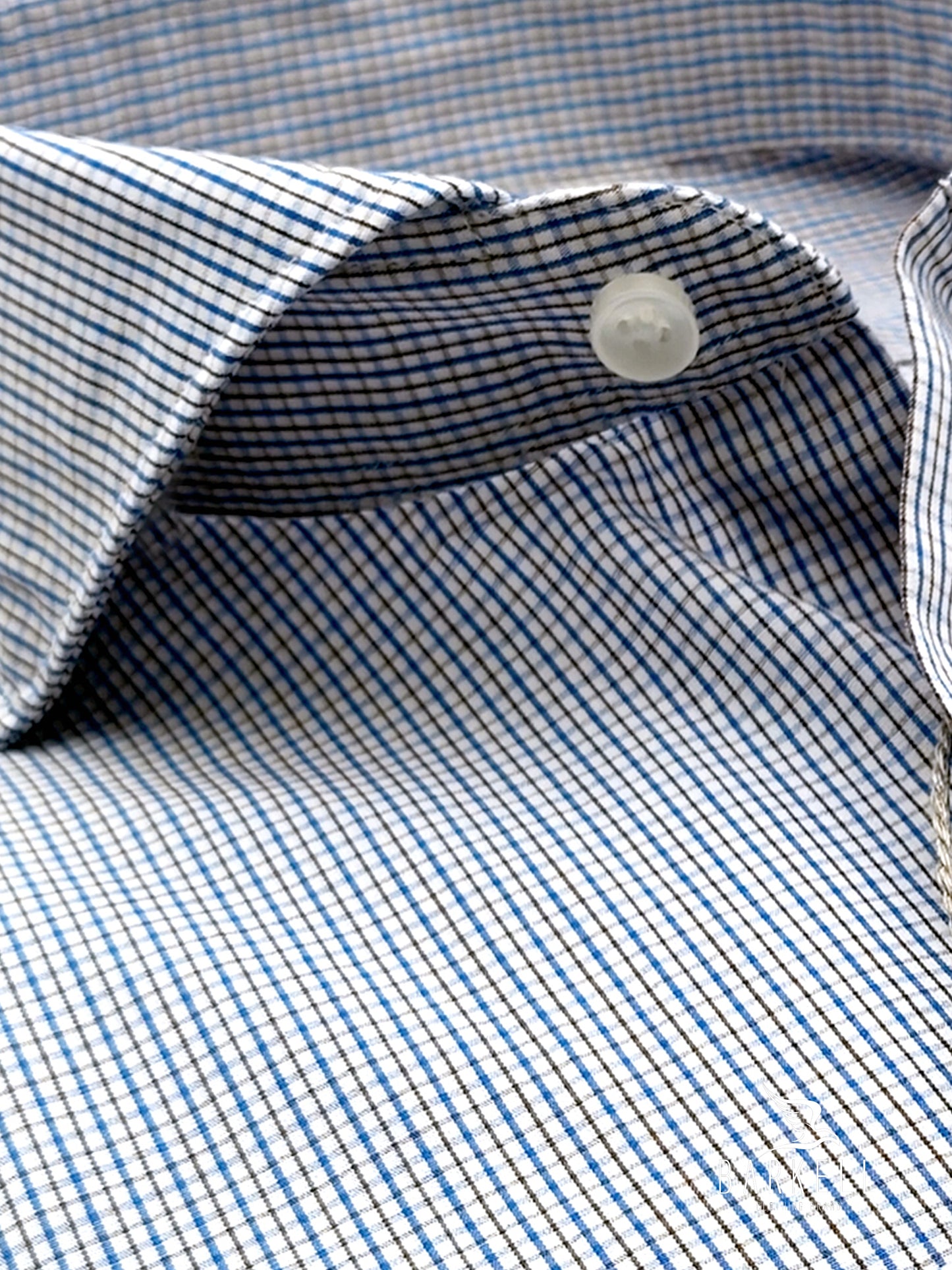 Camicia in Cotone Quadrettino Azzurro e Marrone Collo Francese Cutaway