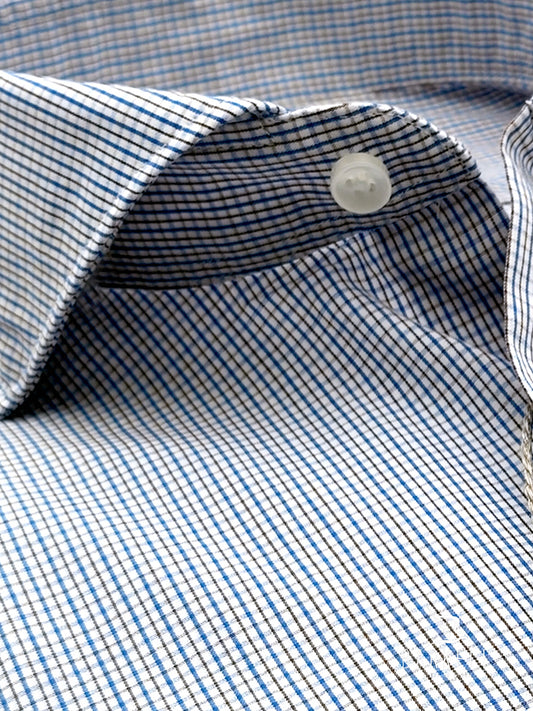 Hazelnut and light blue checked cotton shirt with cutaway spread collar