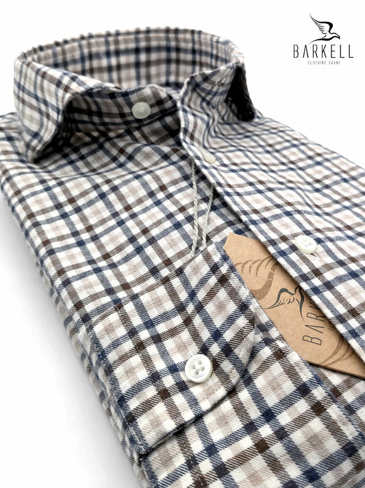 Camicia in Cotone Flanellato Quadro Blu e Marrone Fondo Avana Collo Francese Cutaway
