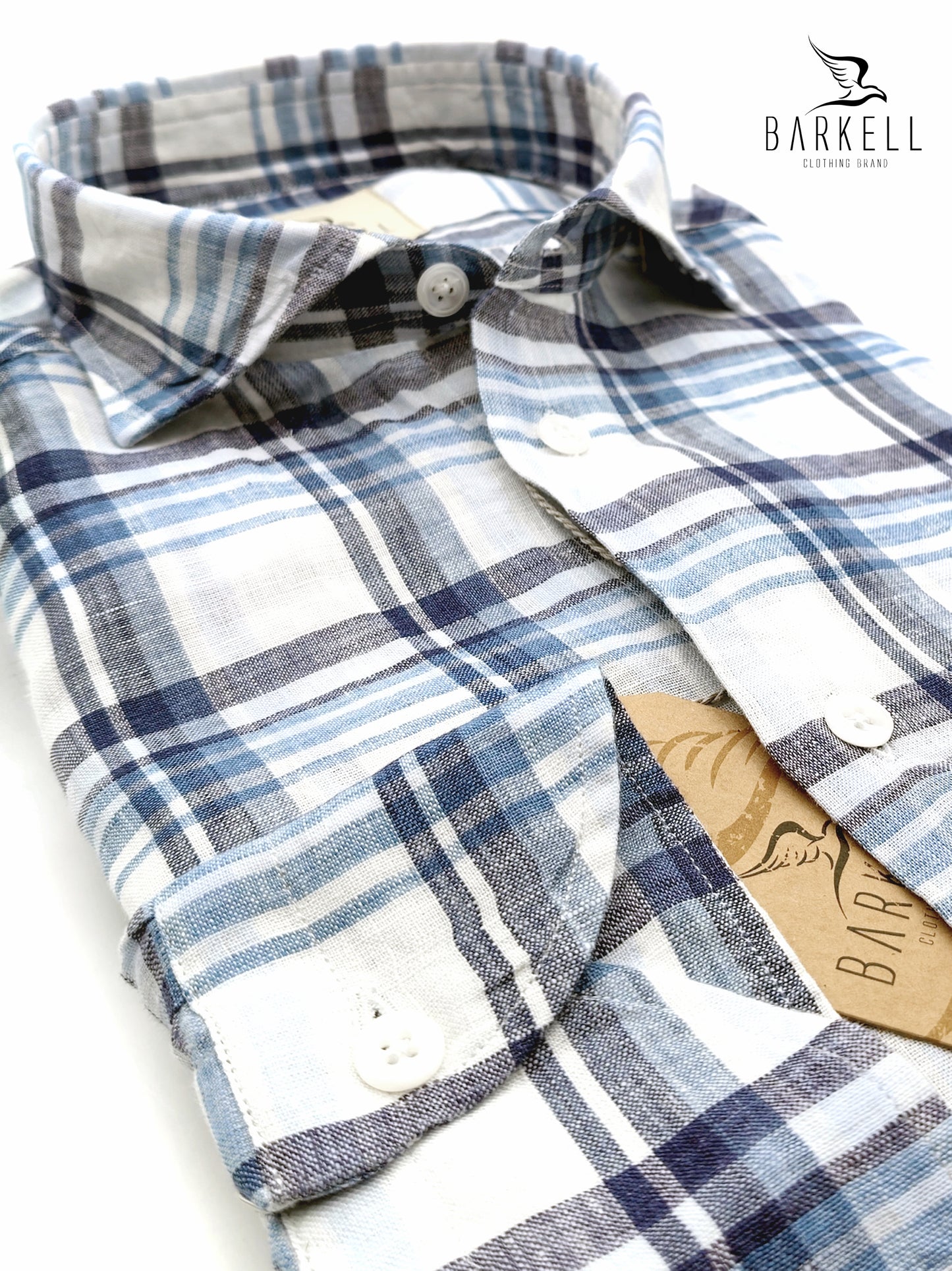 Camicia in Puro Lino Quadro Azzurro e Blu Fondo Bianco Collo Francese Piccolo