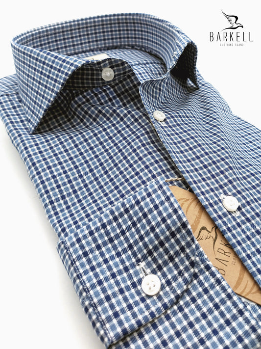 Camicia in Cotone Quadretto Blu e Avio Collo Francese