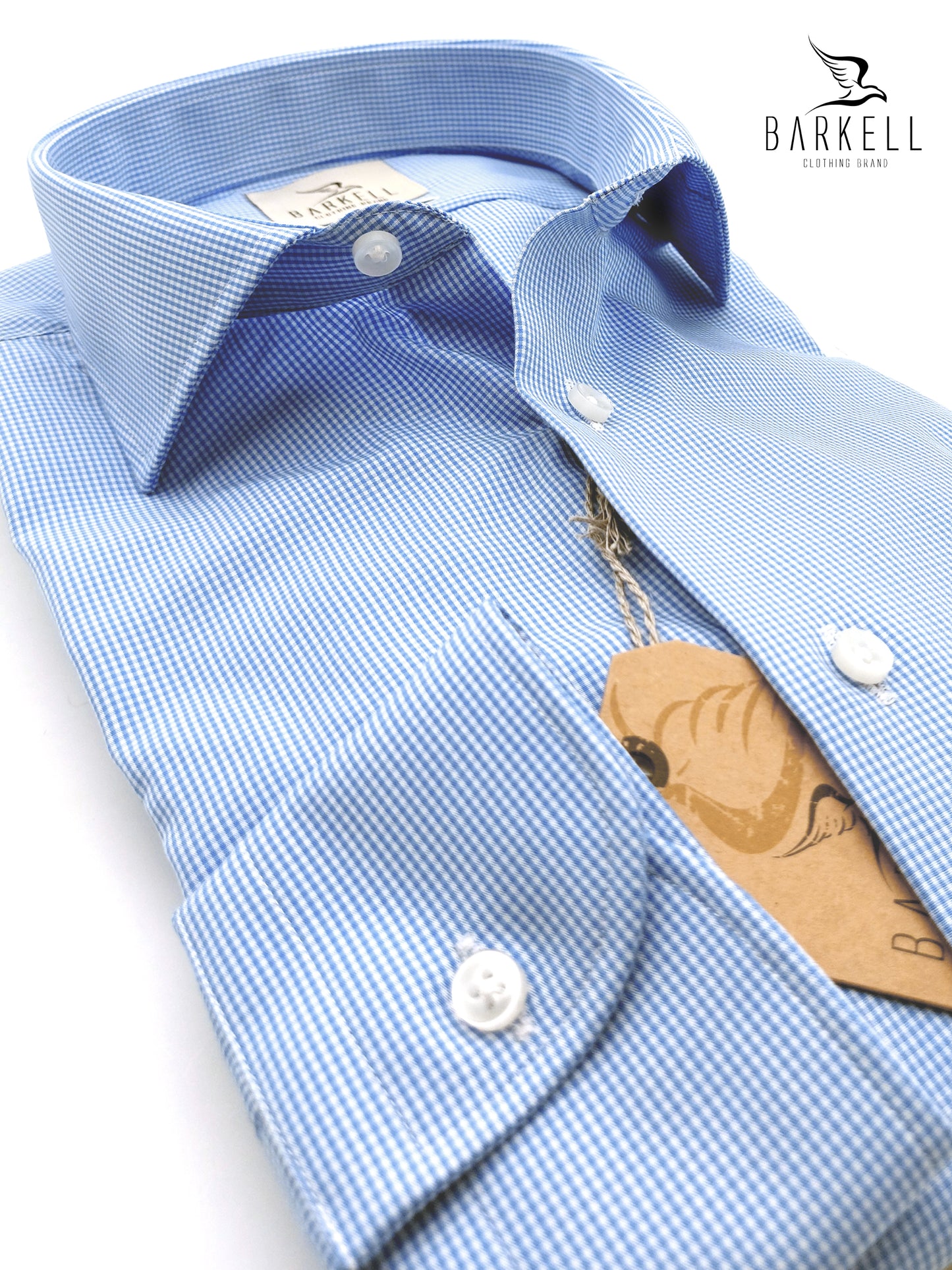 Camicia in Cotone Doppio Ritorto Micro Quadro Celeste Fondo Bianco Collo Francese