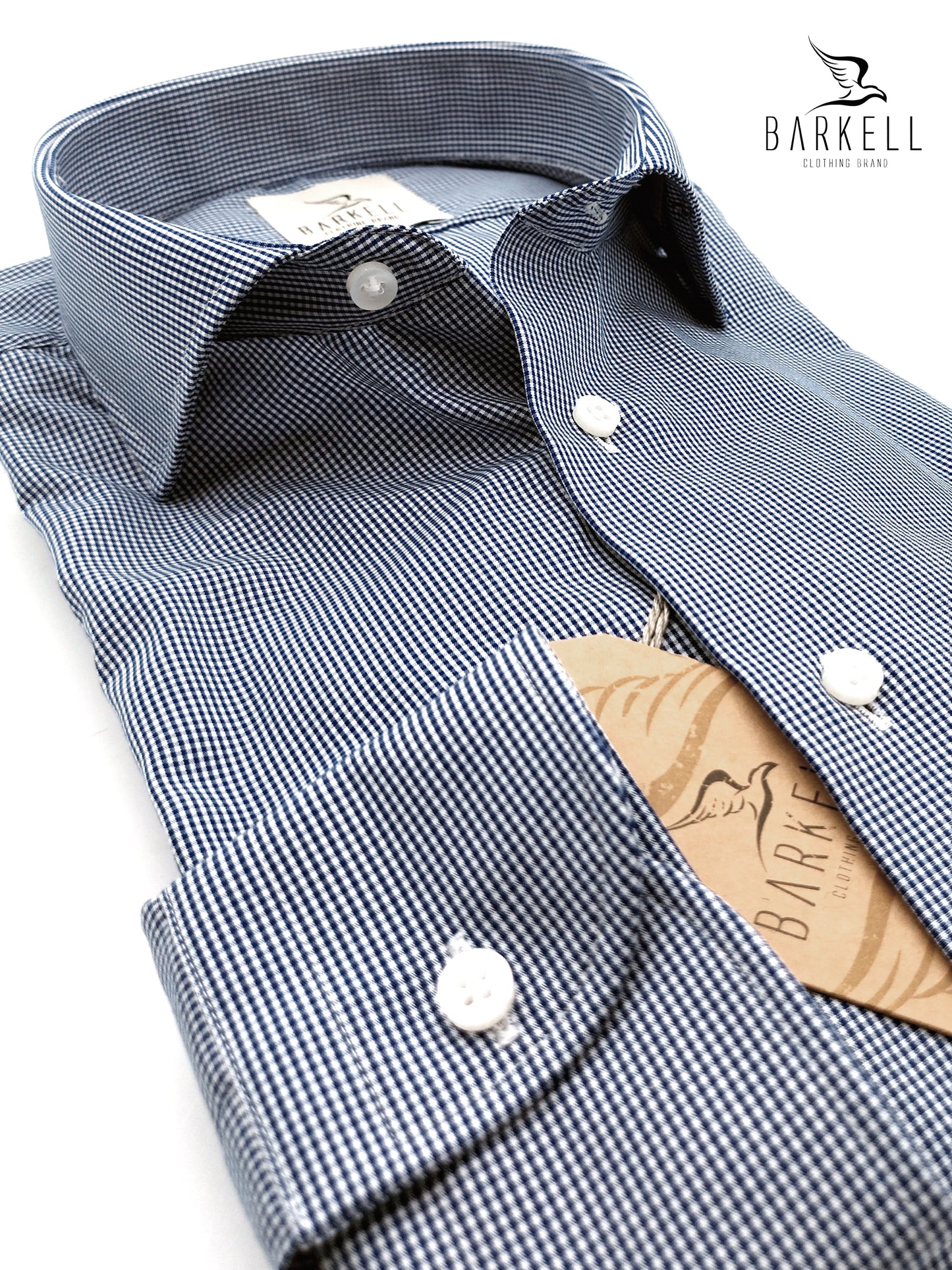 Camicia in Cotone Doppio Ritorto Micro Quadro Blu Fondo Bianco Collo Francese